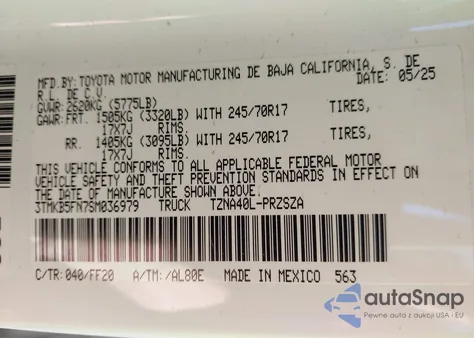 2025 Toyota Tacoma Sr5 z USA, uszkodzony, nr VIN 3TMKB5FN7SM036979